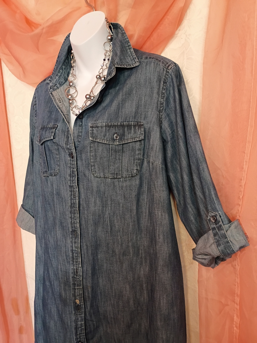 LOFT Ladies Chambray Denim Button-Front Midi Shirt Dress Sz 10 - Picture 3 of 7